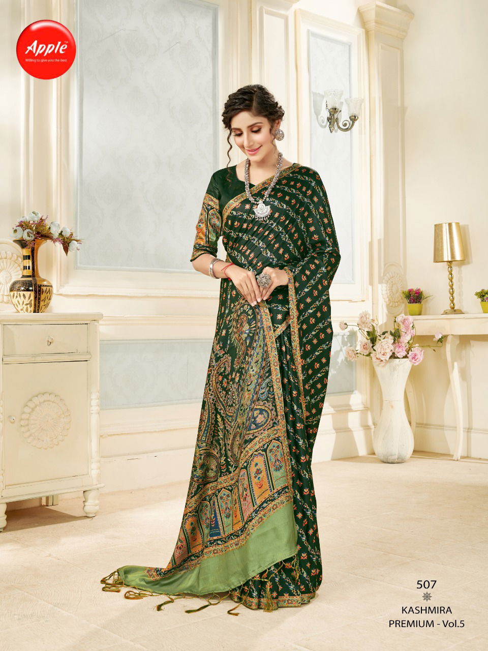 Apple Kashmiri Premium 5 Designer Latest Fancy Festive Wear Digital Printed Pashmina Silk Saree Collection

